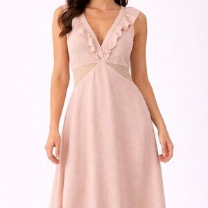 Avec Les Filles Blush Pink Sleeveless Midi Dress Lace Cutout Ruffle V Neck NWT S
